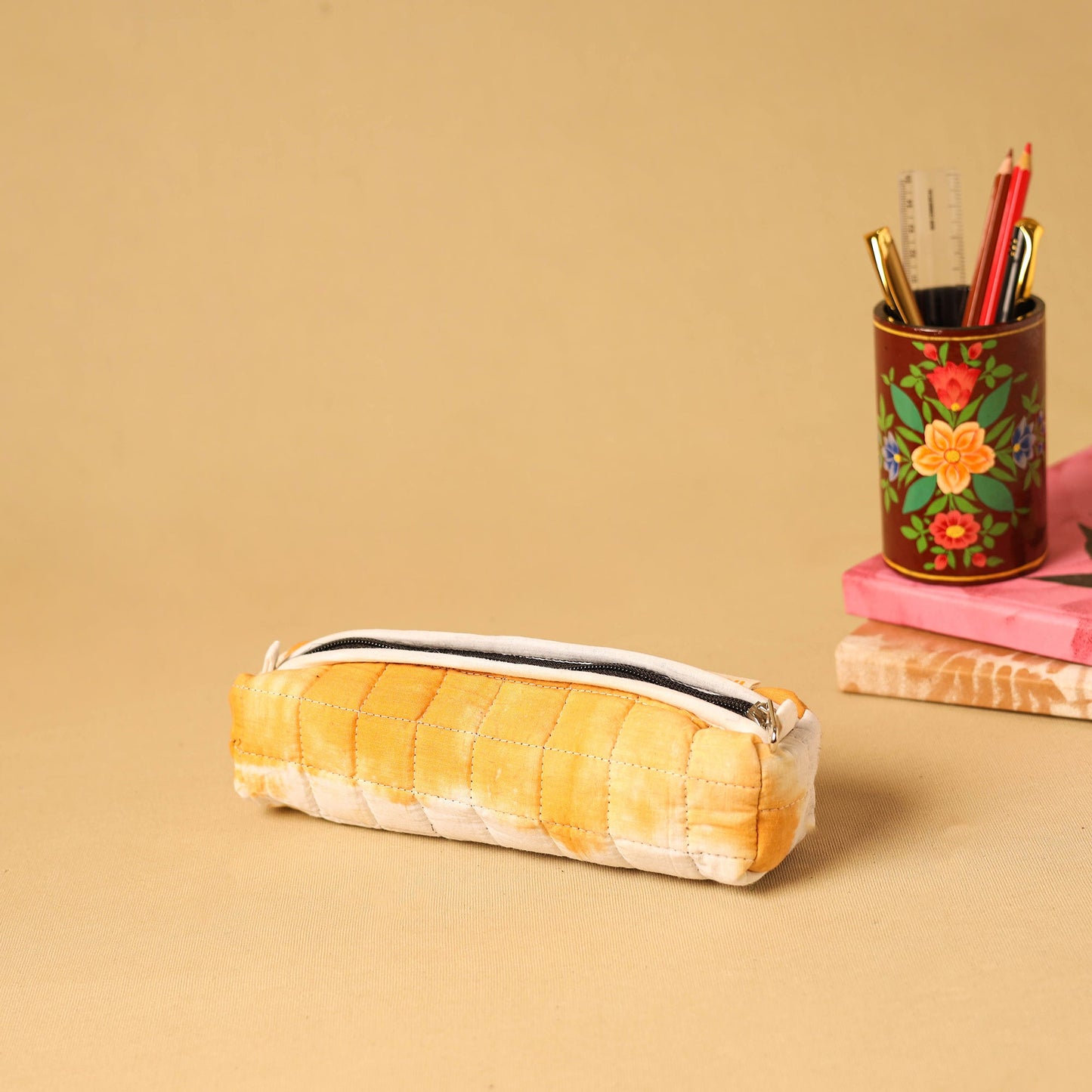 Peach - handmade cotton quilted pencil pouch 23