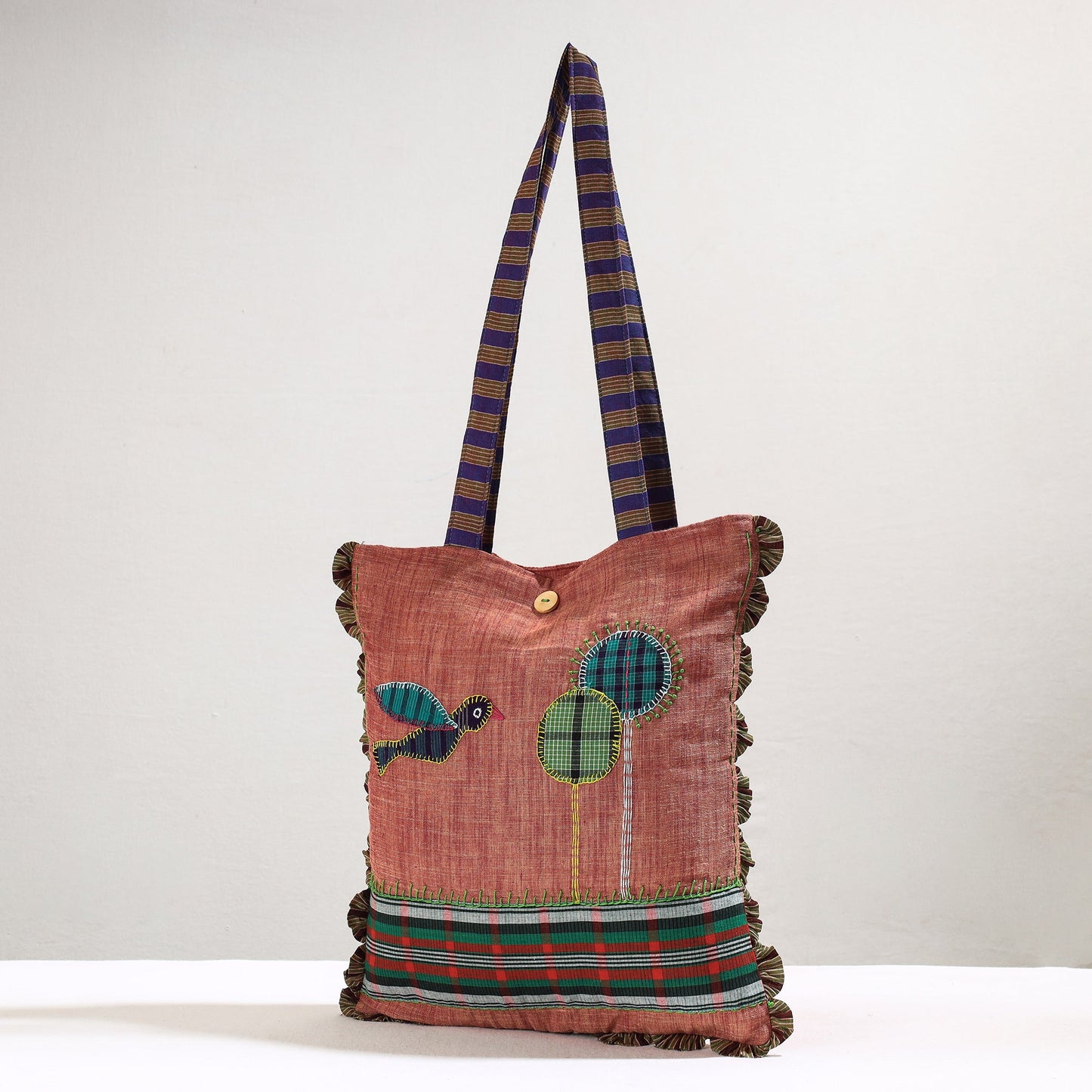 Peach Handmade Gamcha Fabric Embroidered Applique Work Hand Bag