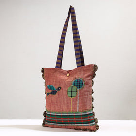 Peach Handmade Gamcha Fabric Embroidered Applique Work Hand Bag