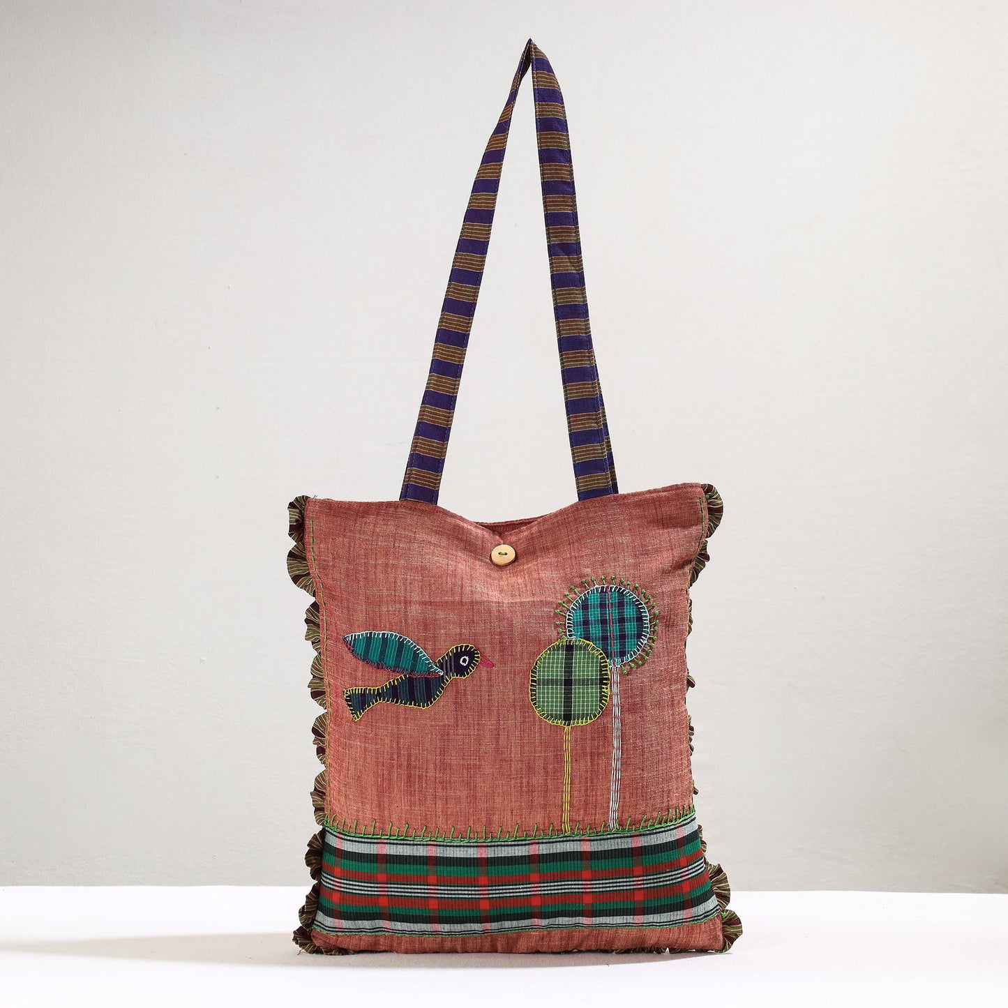 Peach Handmade Gamcha Fabric Embroidered Applique Work Hand Bag