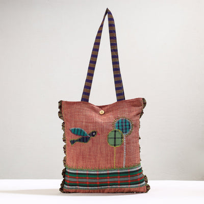 Peach Handmade Gamcha Fabric Embroidered Applique Work Hand Bag