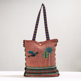 Peach Handmade Gamcha Fabric Embroidered Applique Work Hand Bag