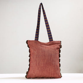 Peach Handmade Gamcha Fabric Embroidered Applique Work Hand Bag