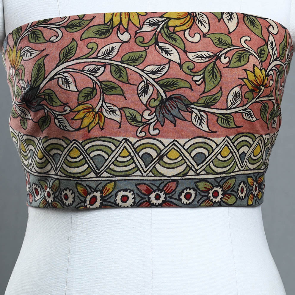Buy Peach Handpainted Cotton Kalamkari Blouse Piece