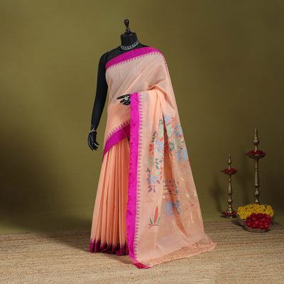 Peach - handspun handloom buta fine cotton jamdani saree 45