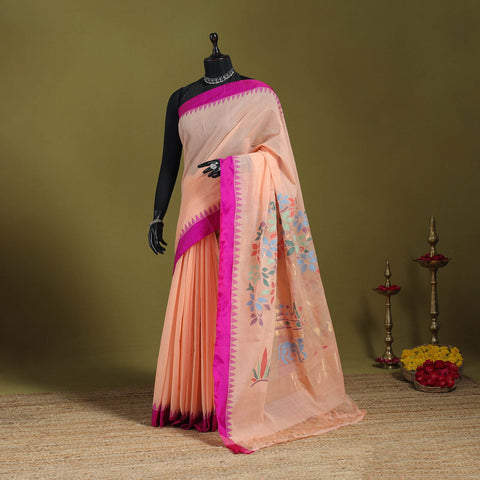 Peach - handspun handloom buta fine cotton jamdani saree 45