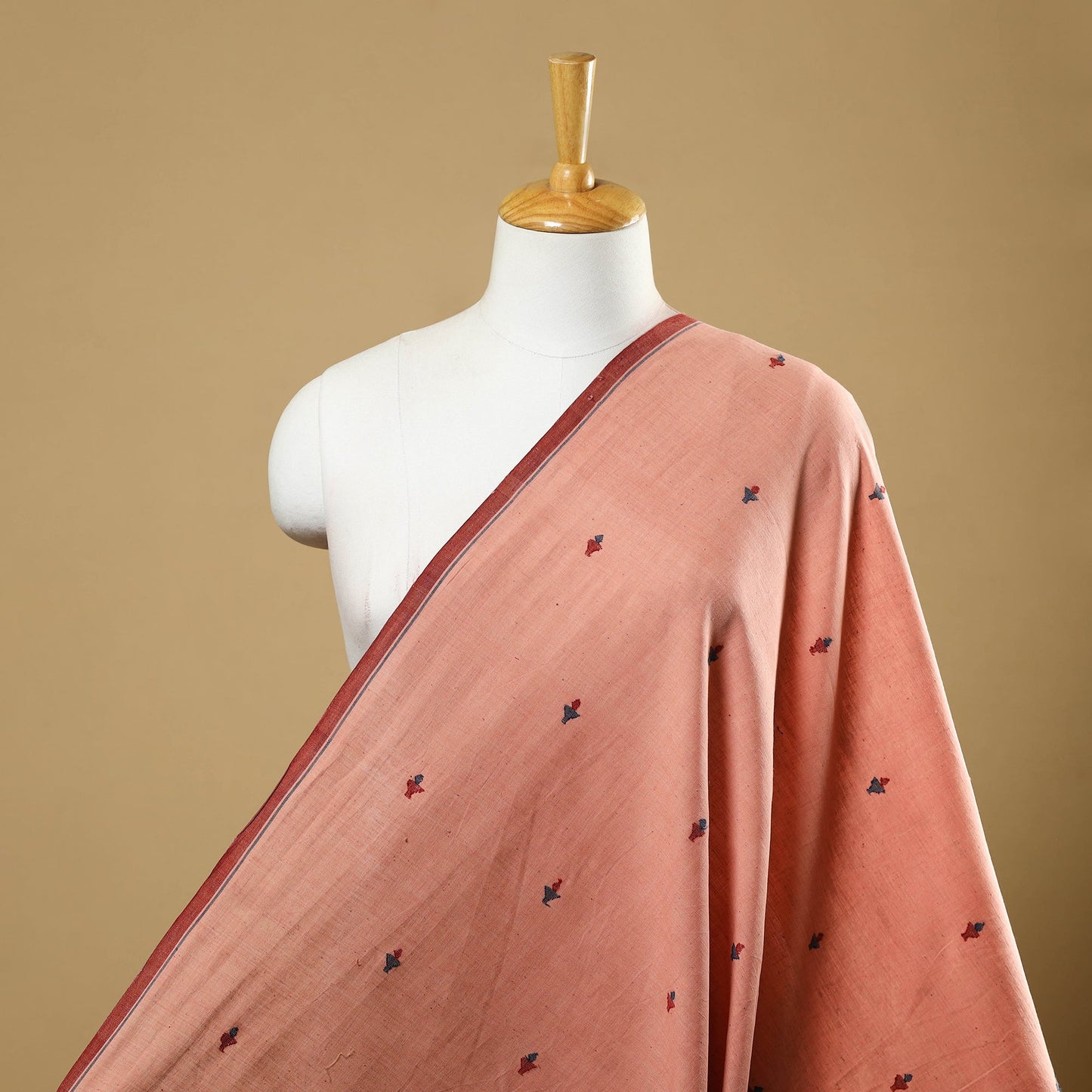 Peach Handspun Handloom Natural Dyed Cotton Jamdani Fabric