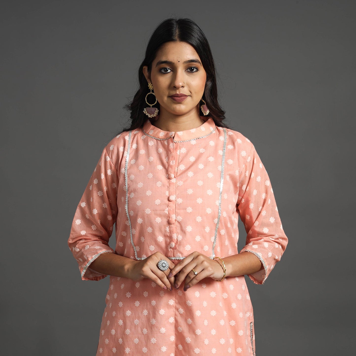  Peach Handwoven Cutwork Cotton Banarasi Kurta 
