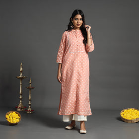  Peach Handwoven Cutwork Cotton Banarasi Kurta 