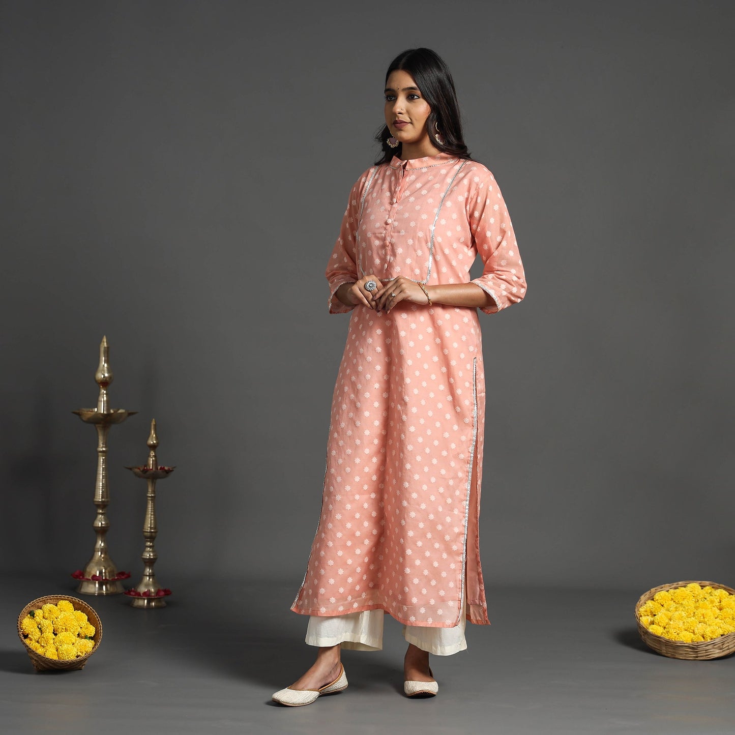  Peach Handwoven Cutwork Cotton Banarasi Kurta 