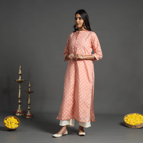  Peach Handwoven Cutwork Cotton Banarasi Kurta 