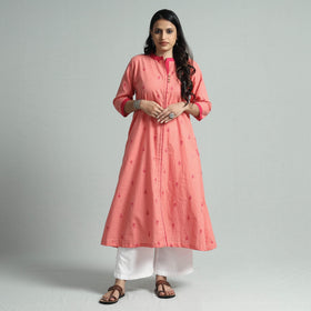 Peach - jacquard cotton floral a-line kurta - handcrafted
