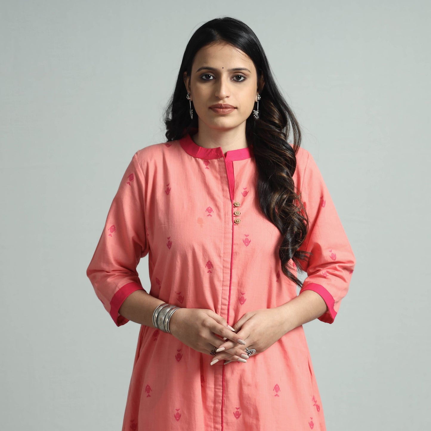 Peach - jacquard cotton floral a-line kurta - handcrafted