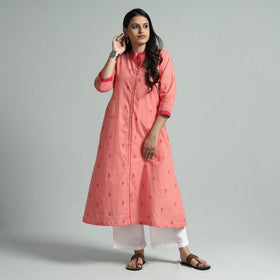 Peach - jacquard cotton floral a-line kurta - handcrafted