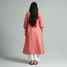 Peach - jacquard cotton floral a-line kurta - handcrafted