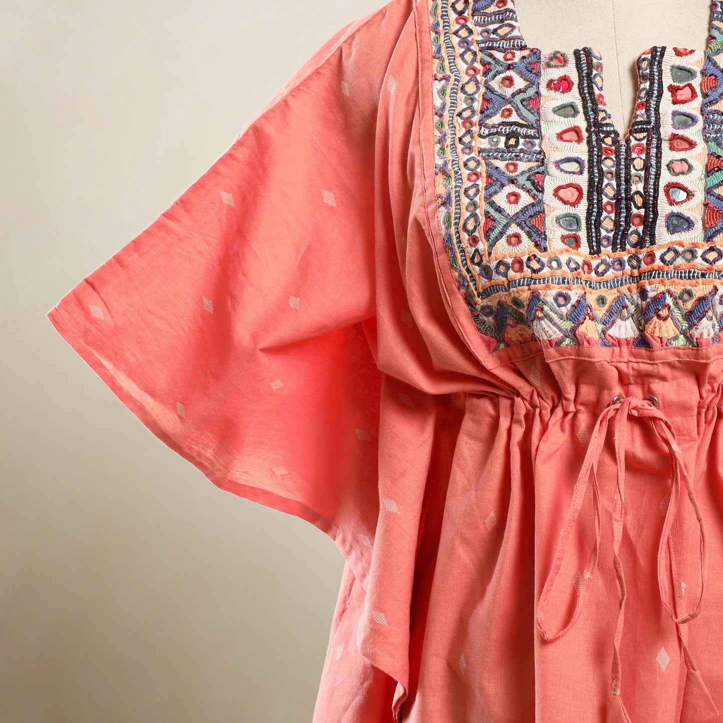 Buy Peach Jacquard Cotton Kaftan with Desert Embroidery
