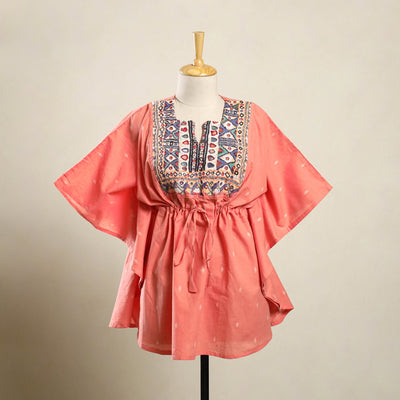 Buy Peach Jacquard Cotton Kaftan with Desert Embroidery