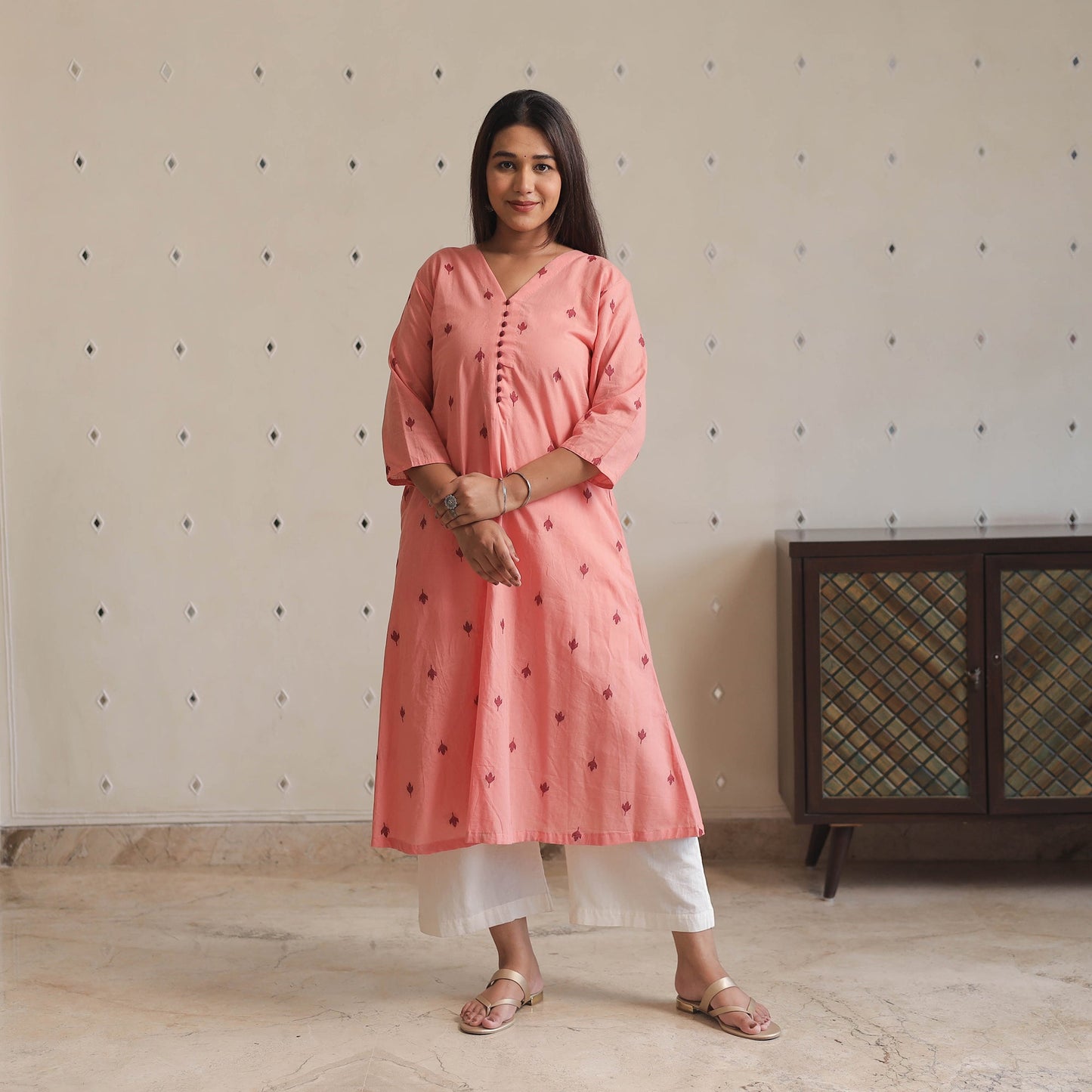 Buy Peach Jacquard Cotton A-Line Kurta for Women