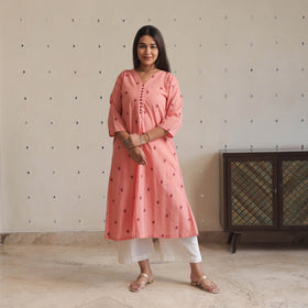 Buy Peach Jacquard Cotton A-Line Kurta for Women