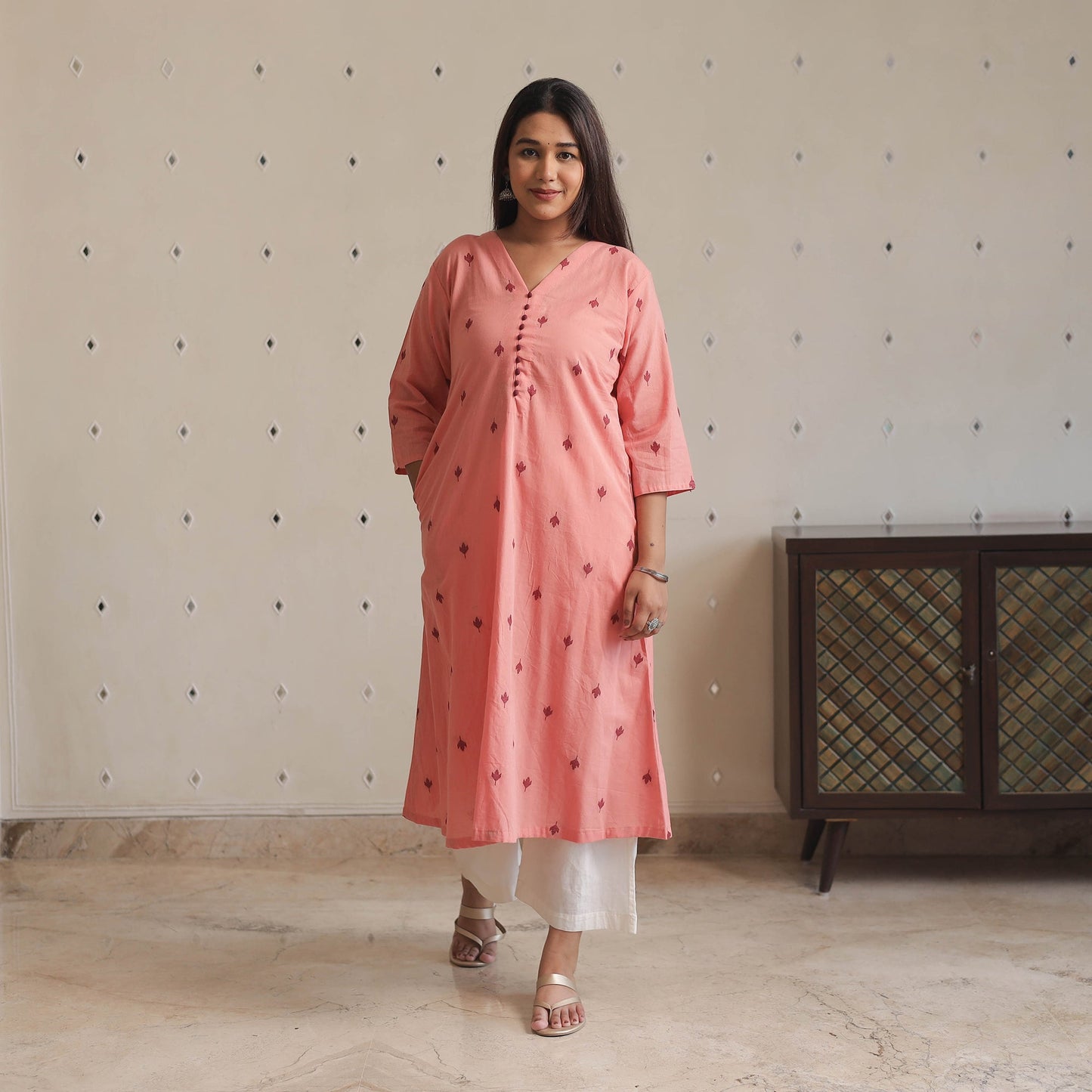 Buy Peach Jacquard Cotton A-Line Kurta for Women