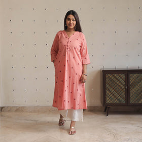 Buy Peach Jacquard Cotton A-Line Kurta for Women