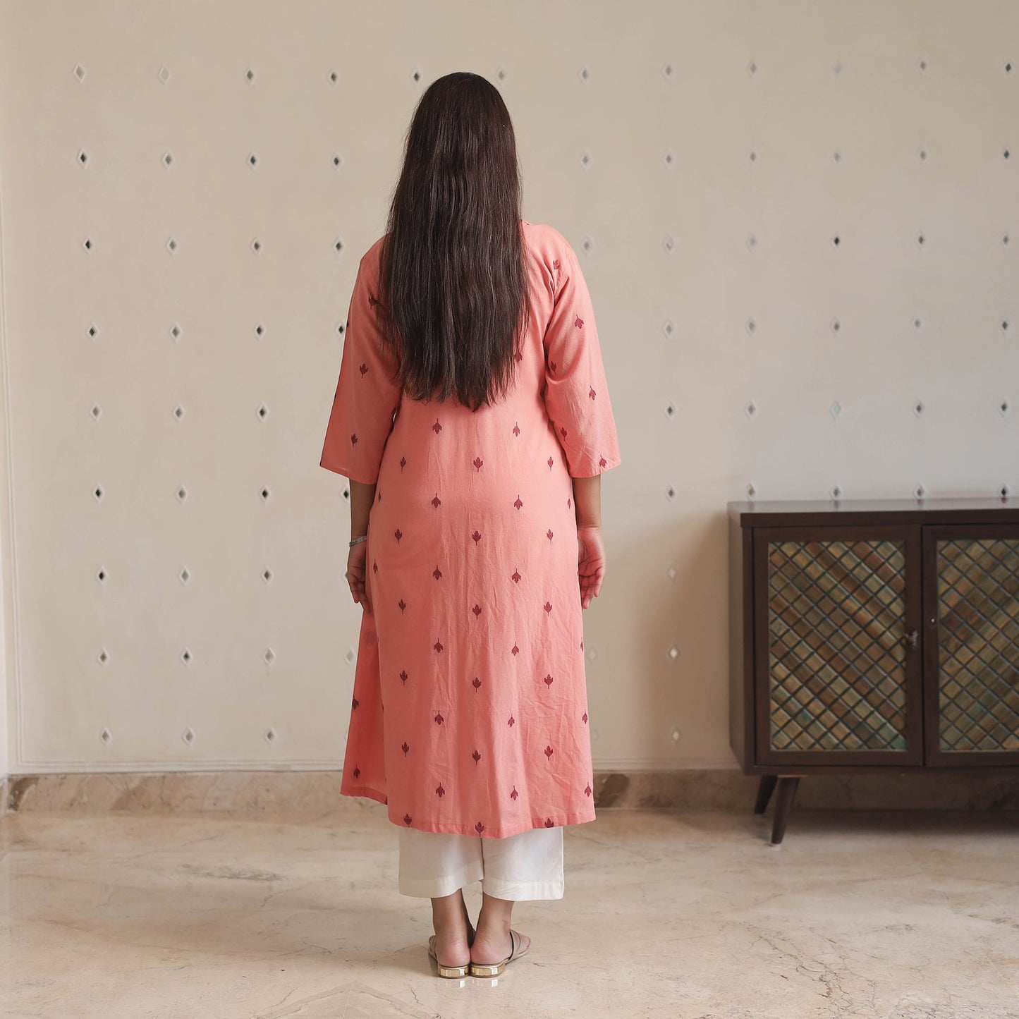 Buy Peach Jacquard Cotton A-Line Kurta for Women