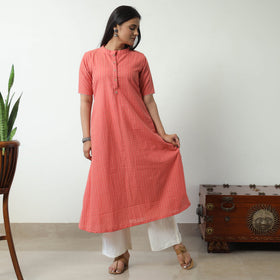 Peach - Jacquard Cotton A-Line Kurta 21