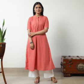 Peach - Jacquard Cotton A-Line Kurta 21