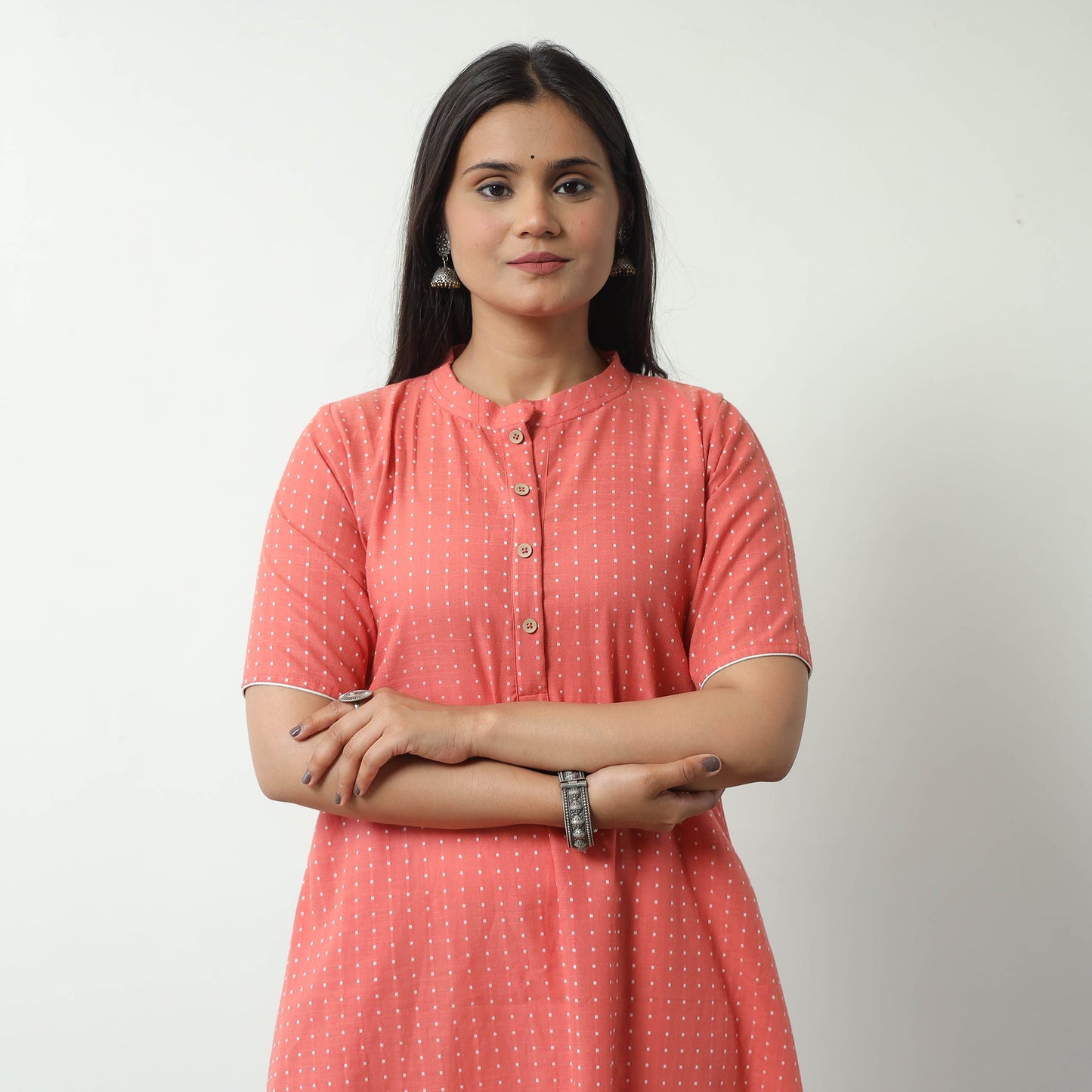 Peach - Jacquard Cotton A-Line Kurta 21