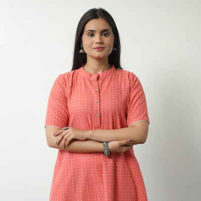 Peach - Jacquard Cotton A-Line Kurta 21