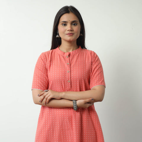 Peach - Jacquard Cotton A-Line Kurta 21