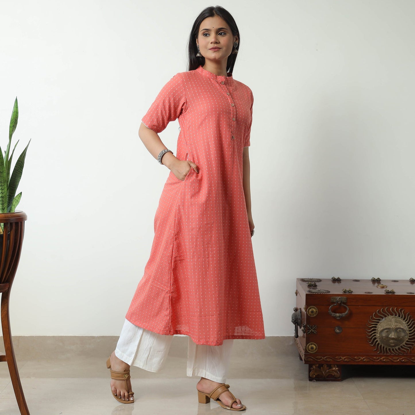 Peach - Jacquard Cotton A-Line Kurta 21