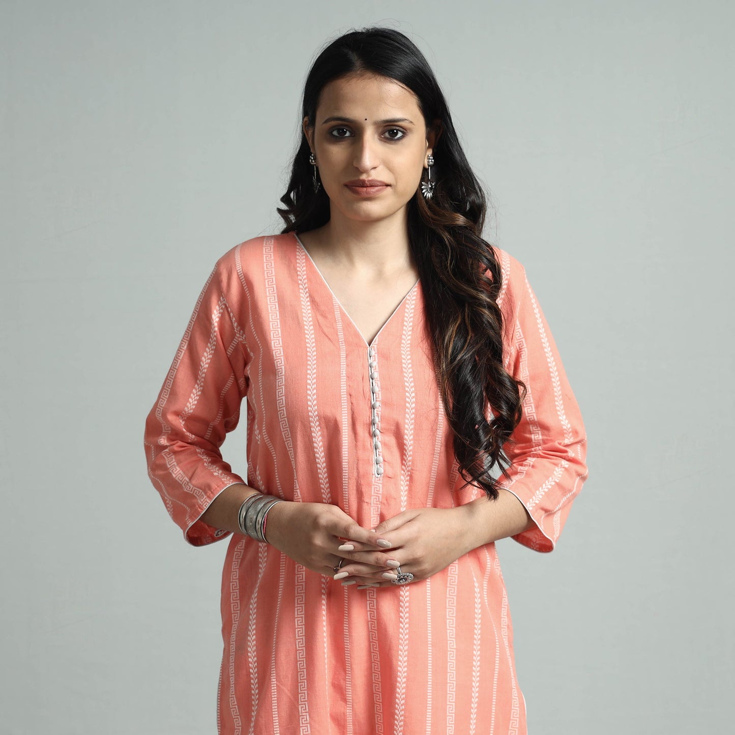 Peach jacquard cotton straight kurta - handcrafted