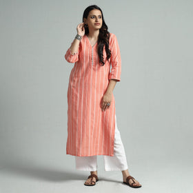 Peach jacquard cotton straight kurta - handcrafted