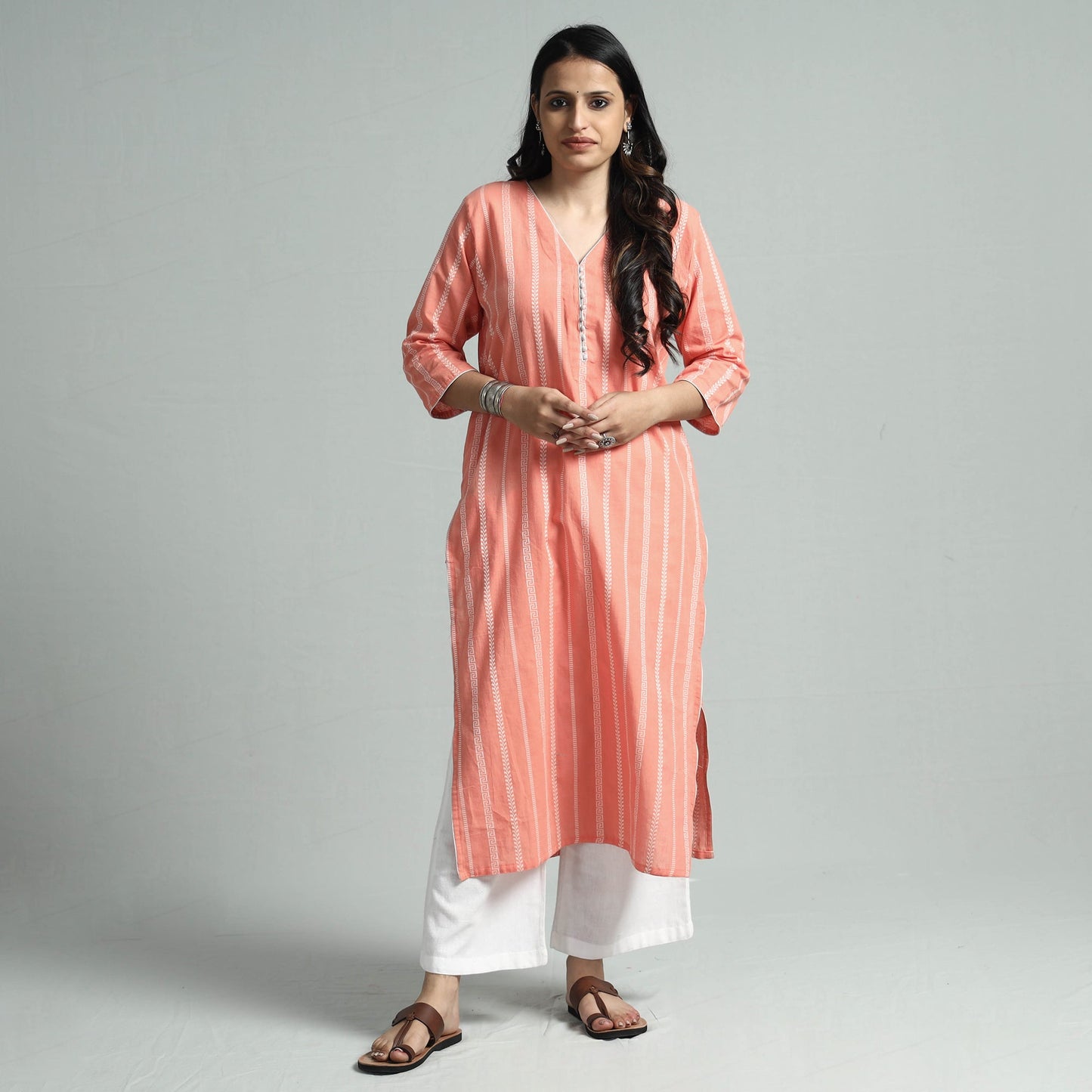 Peach jacquard cotton straight kurta - handcrafted