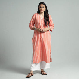 Peach jacquard cotton straight kurta - handcrafted