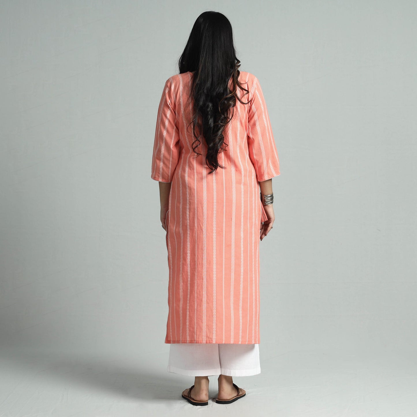 Peach jacquard cotton straight kurta - handcrafted