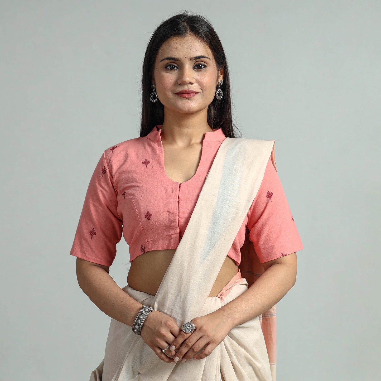 Buy Peach Jacquard Weave Cotton Stitched B