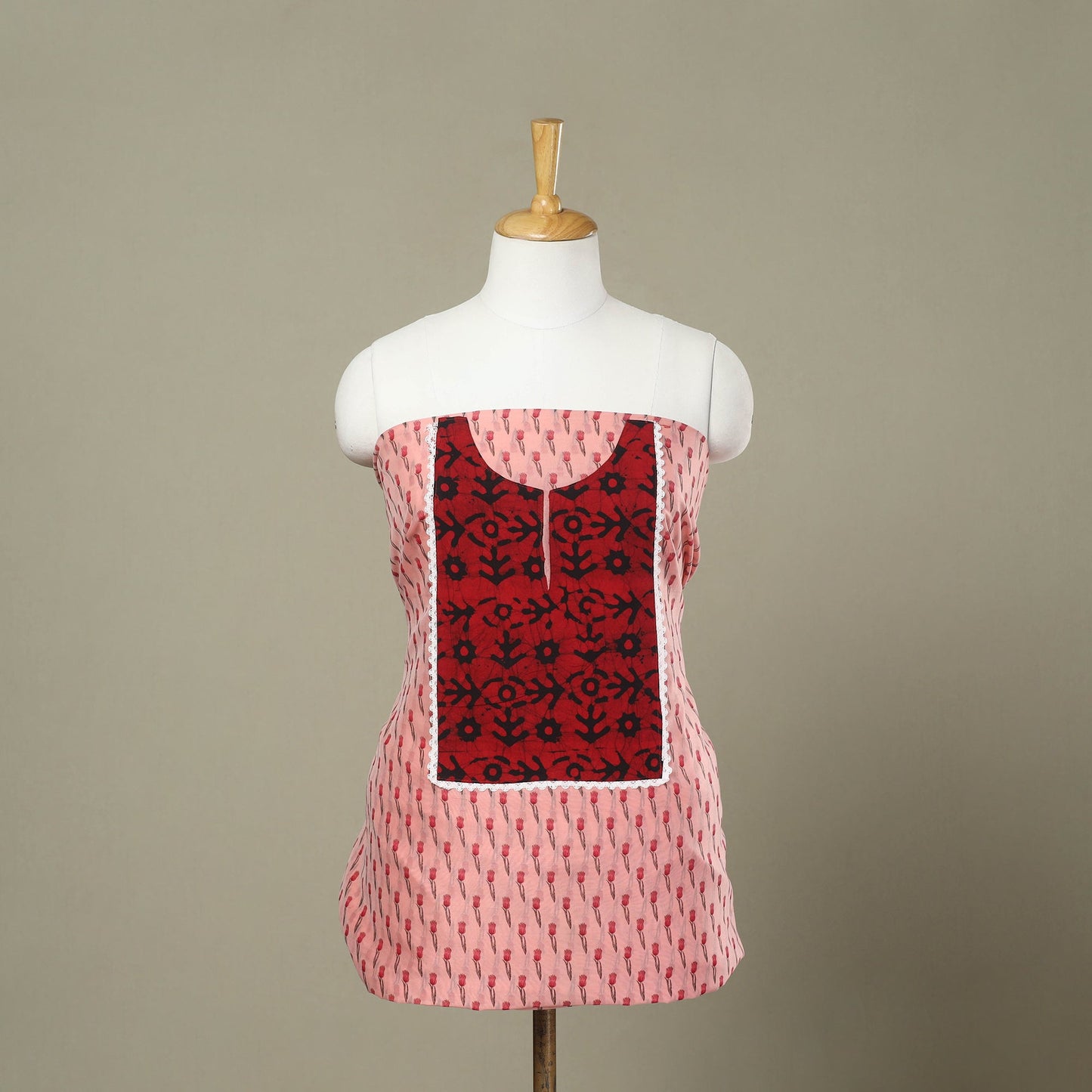 Peach Jaipur Print Patchwork Chanderi Silk Kurta Material (2.3m)