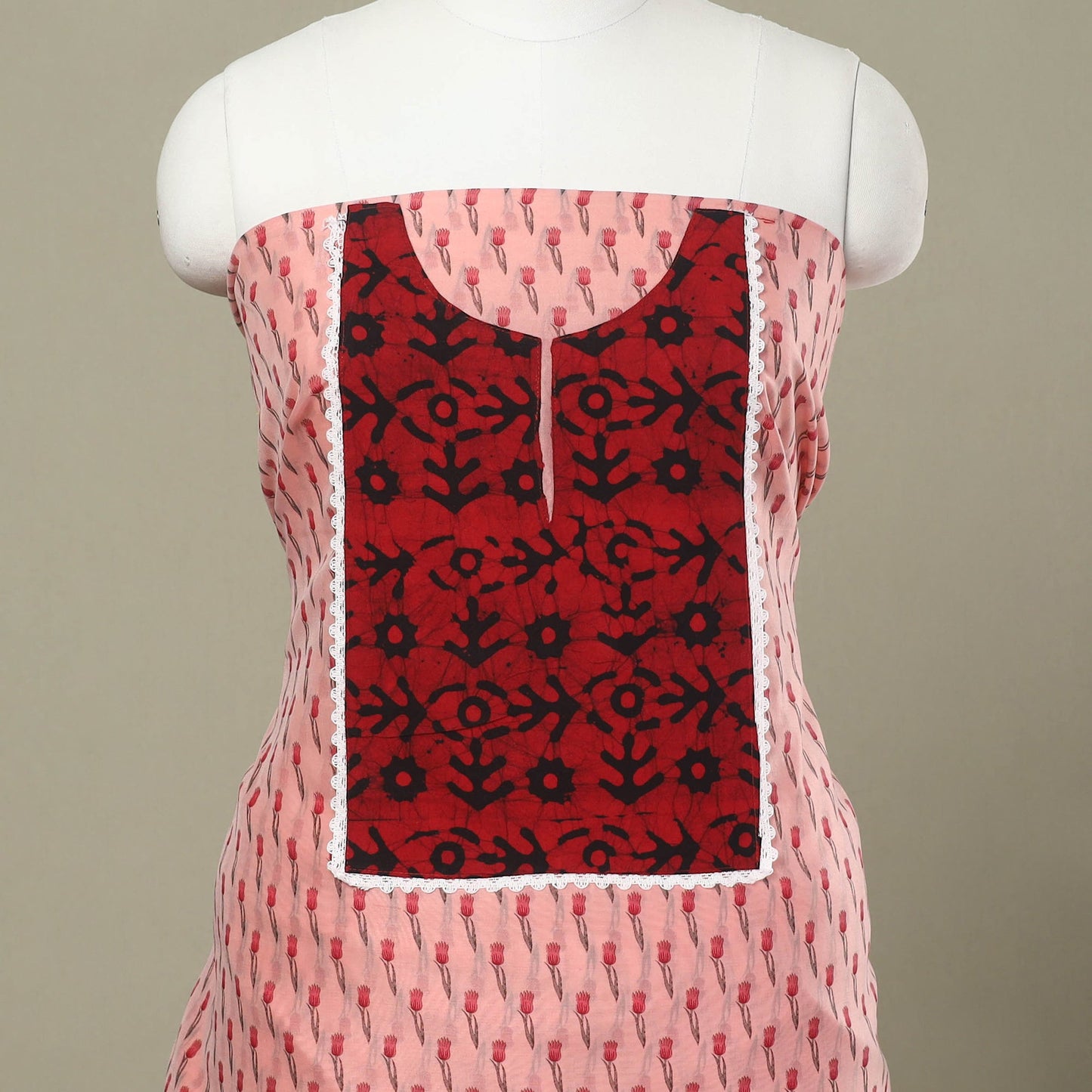 Peach Jaipur Print Patchwork Chanderi Silk Kurta Material (2.3m)