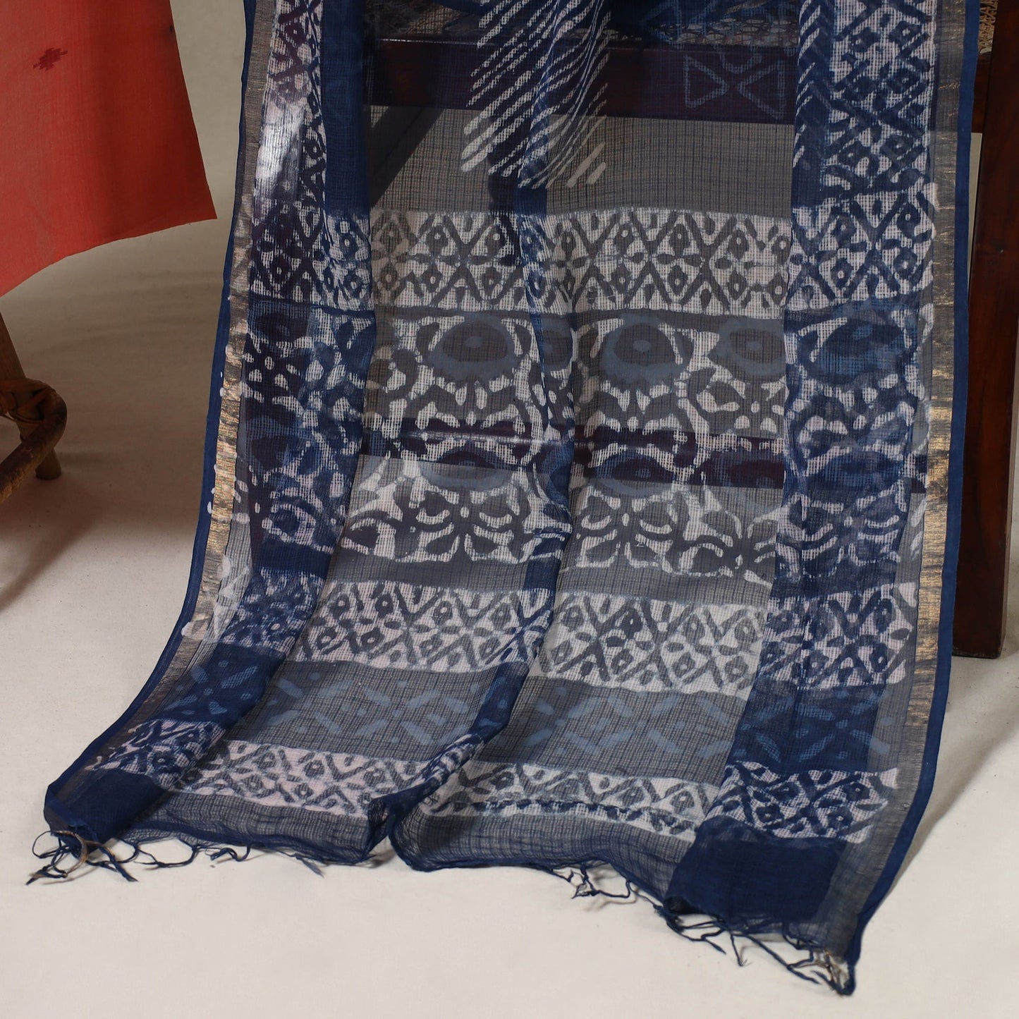 Peach Jamdani Cotton Dress Material with Jewellery Set