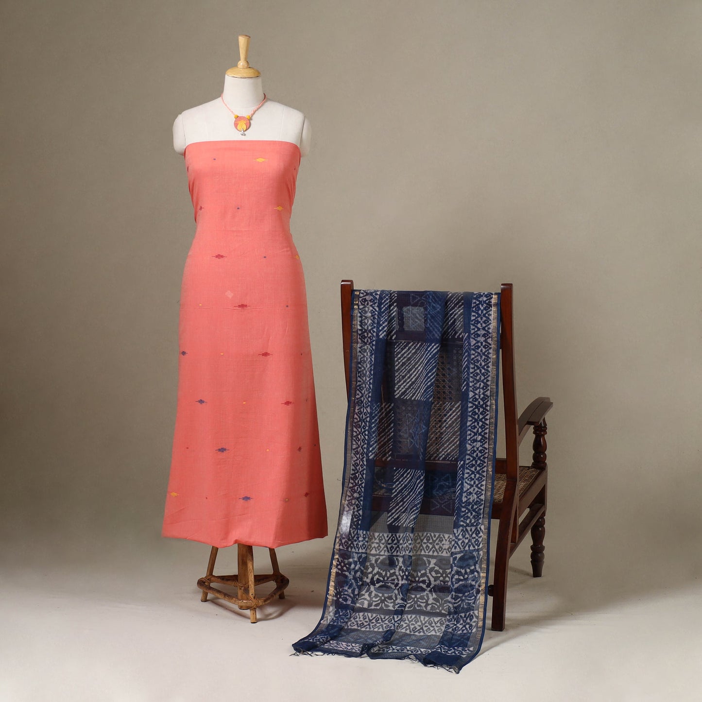 Peach Jamdani Cotton Dress Material with Jewellery Set