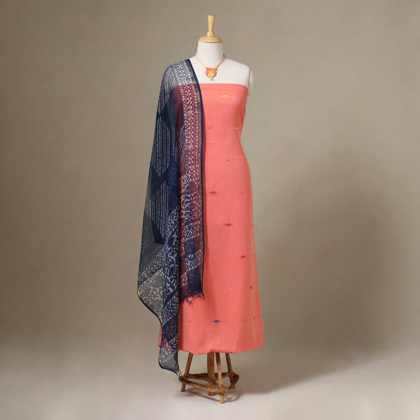 Peach Jamdani Cotton Dress Material with Jewellery Set