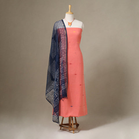 Peach Jamdani Cotton Dress Material with Jewellery Set