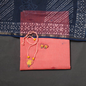 Peach Jamdani Cotton Dress Material with Jewellery Set