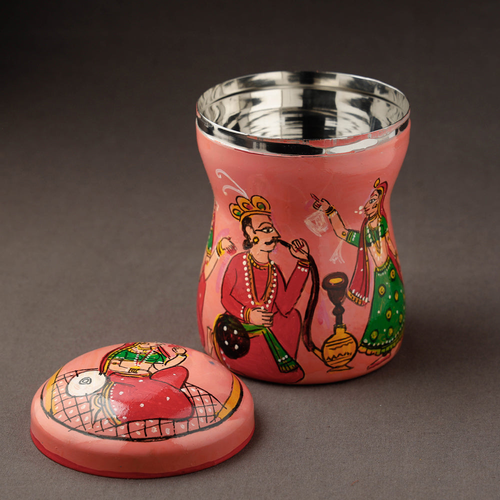 Peach Kavad Handpainted Stainless Steel Multi Utility Canister
