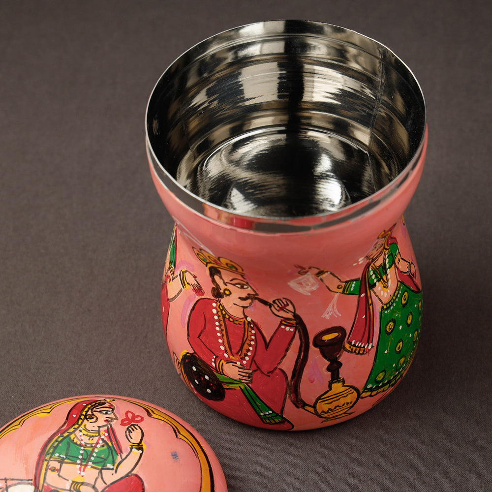 Peach Kavad Handpainted Stainless Steel Multi Utility Canister