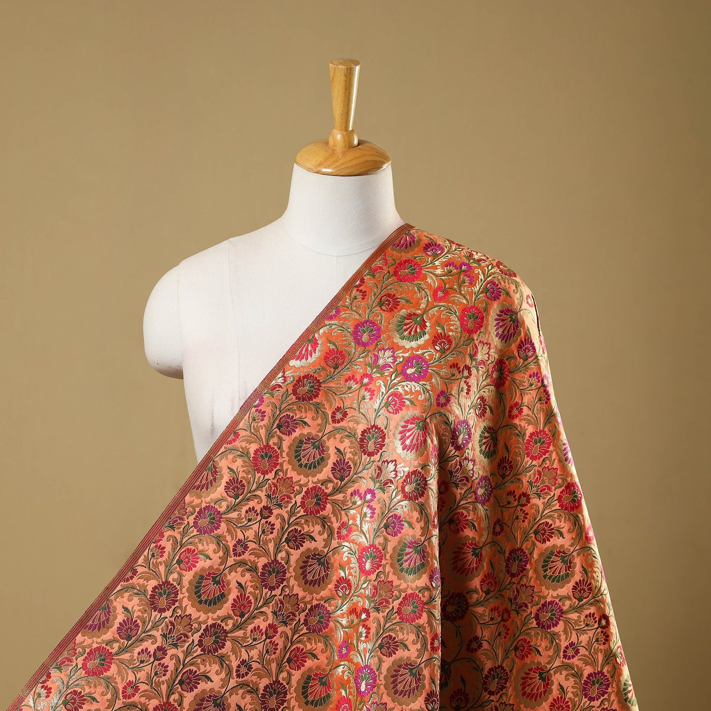 Peach Art Silk Gold Zari Kimkhab Banarasi Brocade Fabric