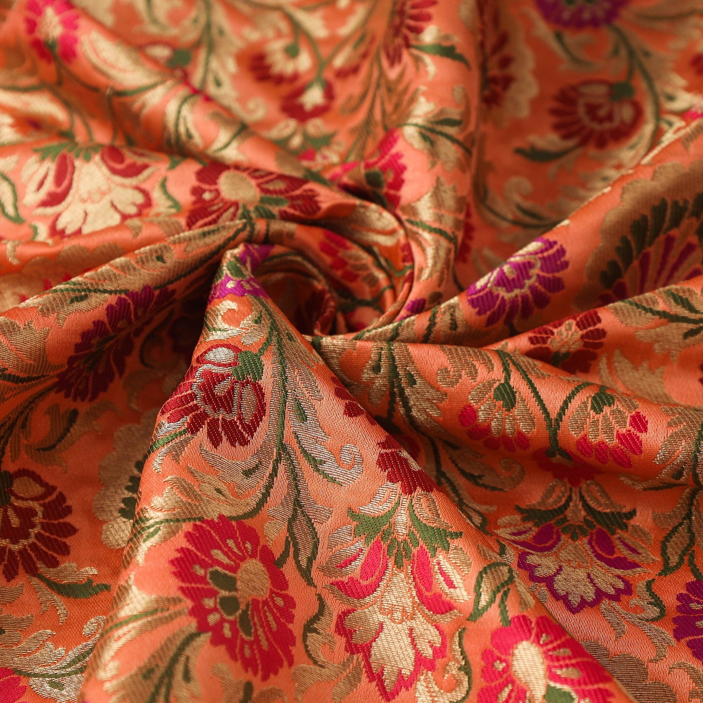 Peach Art Silk Gold Zari Kimkhab Banarasi Brocade Fabric