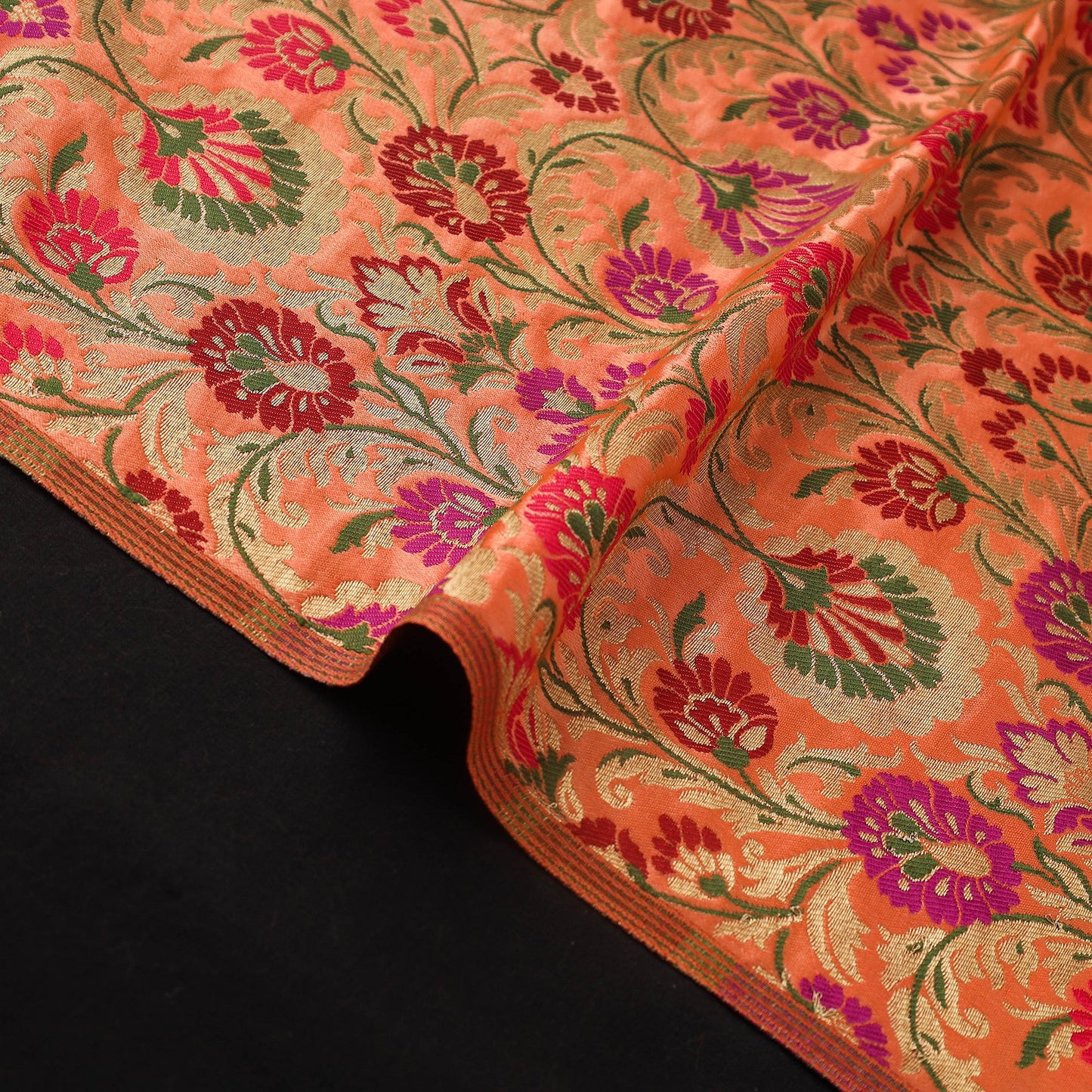 Peach Art Silk Gold Zari Kimkhab Banarasi Brocade Fabric